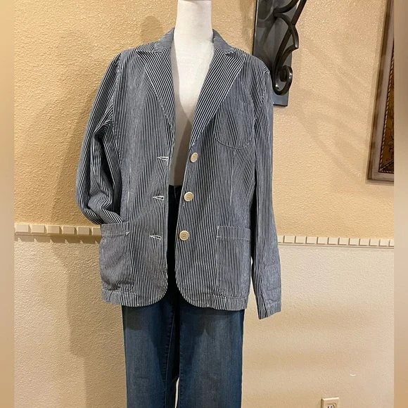 Jones New York Sport blue & white striped denim jacket 100% cotton. 3 pockets. L - Picture 6 of 13